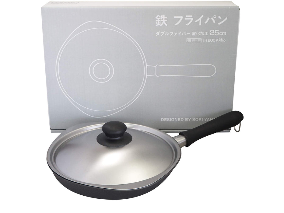 Sori Yanagi 25Cm Iron Frying Pan with Lid - IH Compatible, Double Fiber Line, Nitriding