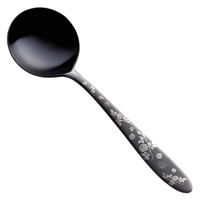 Premium Bouillon Spoon with Elegant Black Rose Design - Todai Rikyu Japan