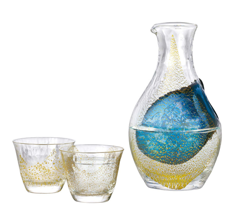 Toyo Sasaki Glass Gold Leaf Sake Set - Made in Japan, 3-Piece Carafe and Glasses