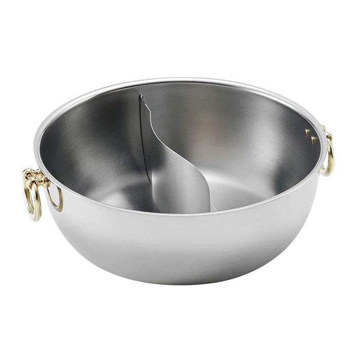 23Cm Wadasuke Factory Japan Stainless Steel Induction Shabu Shabu Hot Pot with Divider - Brass Handle (No Lid)