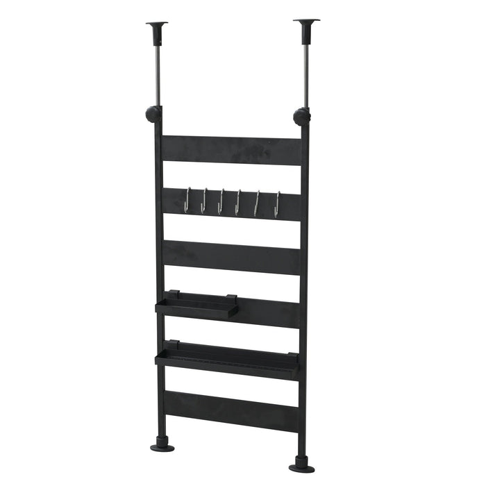 Yamazen Tension Kitchen Rack - 31.5X6.5X71-115Cm - 6 Hooks - 2 Trays - Heat Resistant - Made In Japan - Assembly - Black - RTK-30(BK)