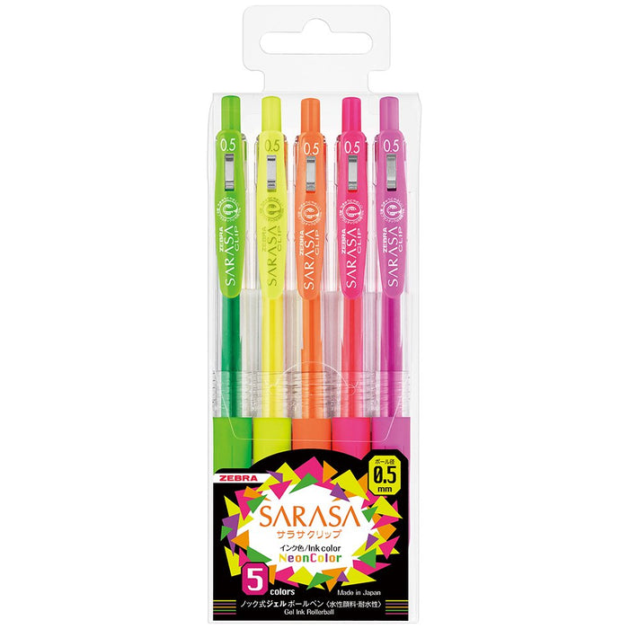 Zebra Sarasa Clip 0.5 Neon Ballpoint Pens - 5 Color Set